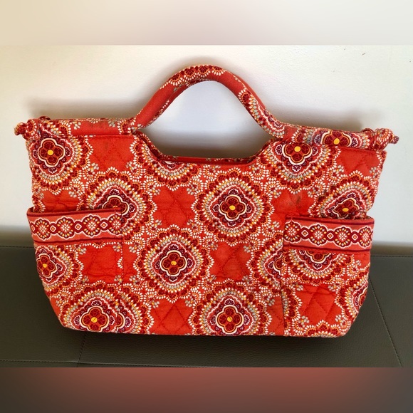 Vera Bradley quilted cotton short tote east west hand bag orange red paisley - Picture 2 of 9
